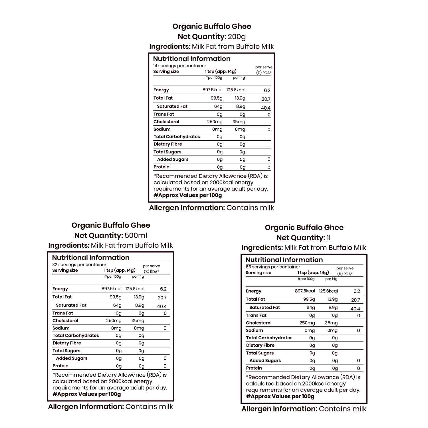 Barsana Magic and Nutritional information and allergen label for Organic Buffalo Ghee on a white background