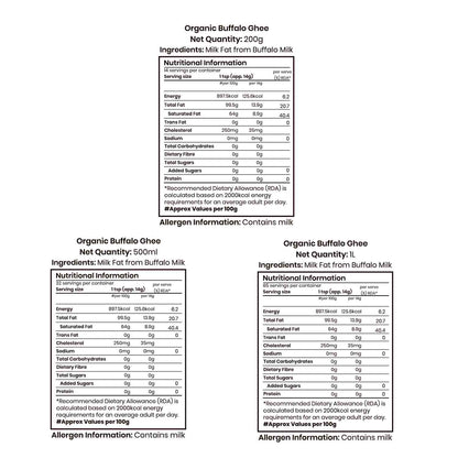 Barsana Magic and Nutritional information and allergen label for Organic Buffalo Ghee on a white background