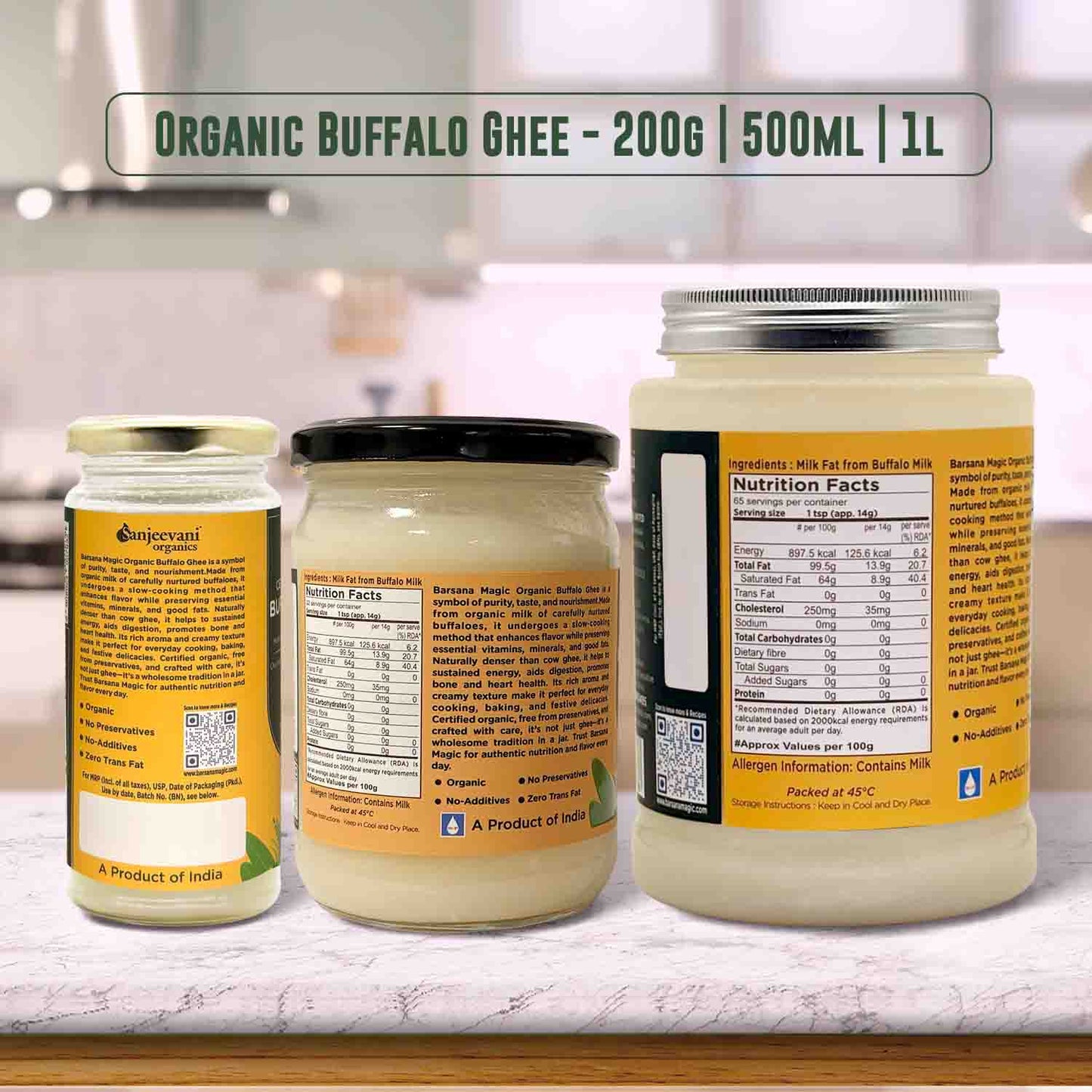 Barsana Magic and Three jars of organic buffalo ghee with labels on a kitchen counter.