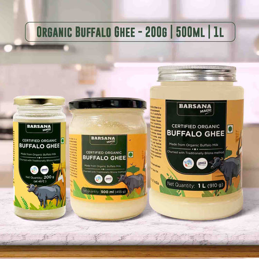 Barsana Magic and Three jars of Organic Buffalo Ghee on a kitchen counter.