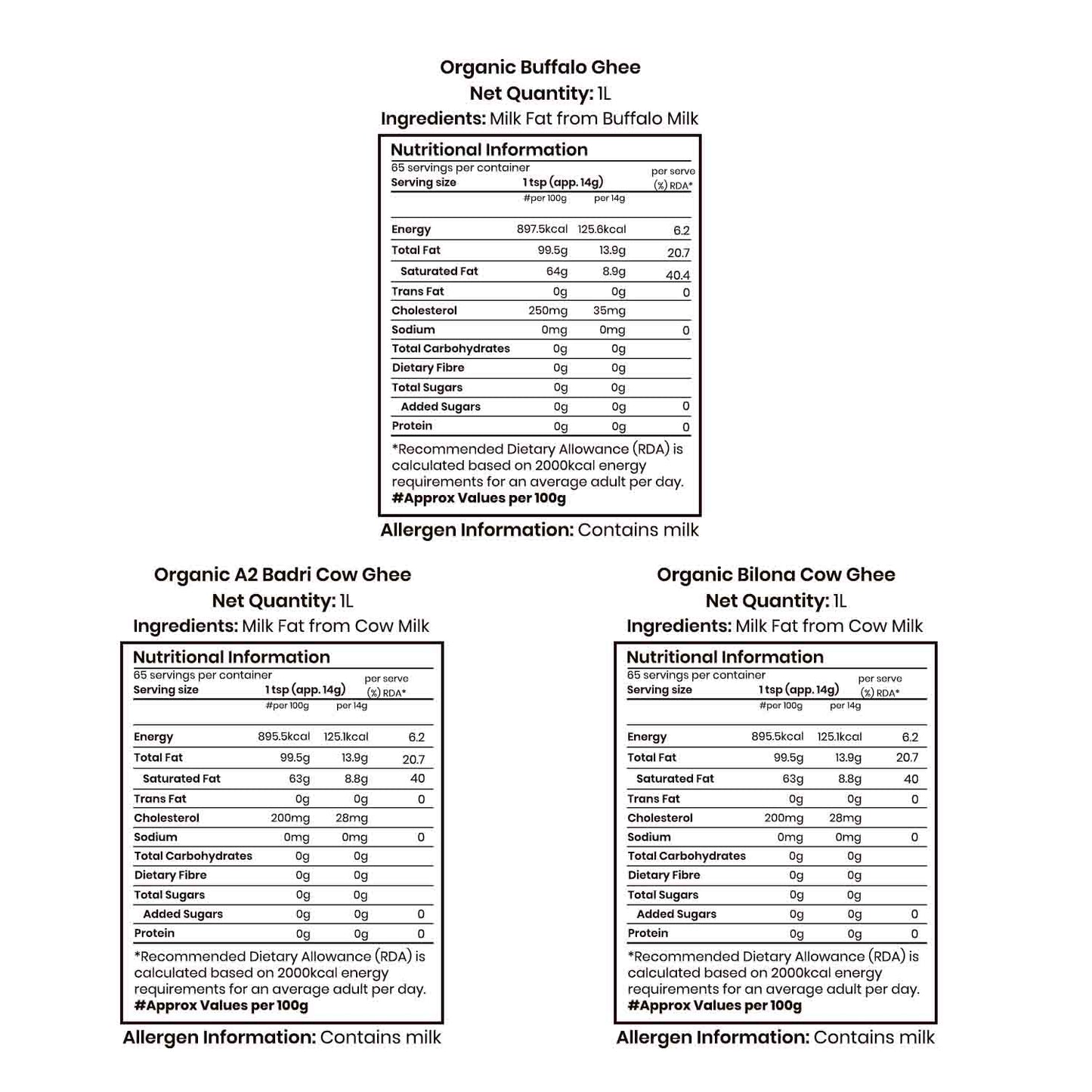 Barsana Magic and Nutritional information and ingredient lists for different types of ghee on a white background.