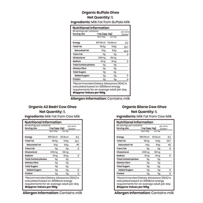 Barsana Magic and Nutritional information and ingredient lists for different types of ghee on a white background.