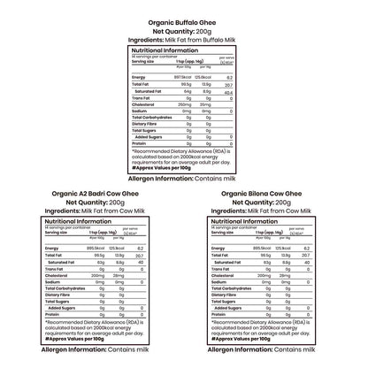 Barsana Magic and Nutritional information and allergen details for Organic Buffalo Ghee, Organic A2 Badri Cow Ghee, and Organic Bilanica Cow Ghee on a white background.