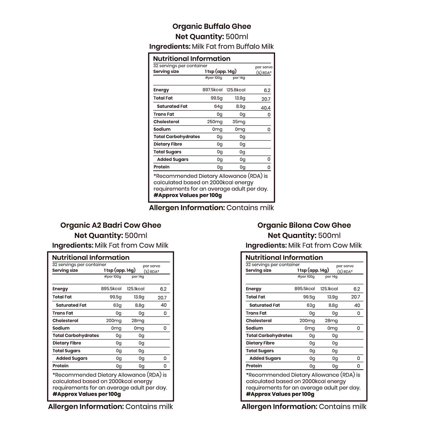 Barsana Magia and Nutritional information and allergen details for organic ghee products on a white background