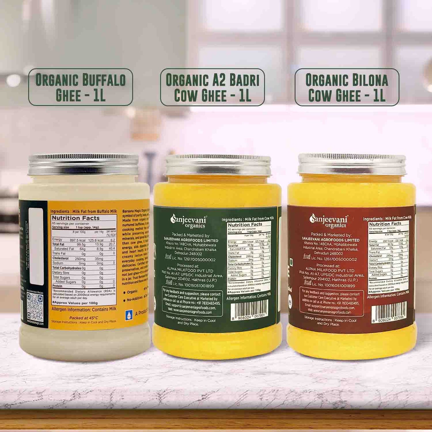 Barsana Magic and Three jars of organic ghee with labels on a white surface.