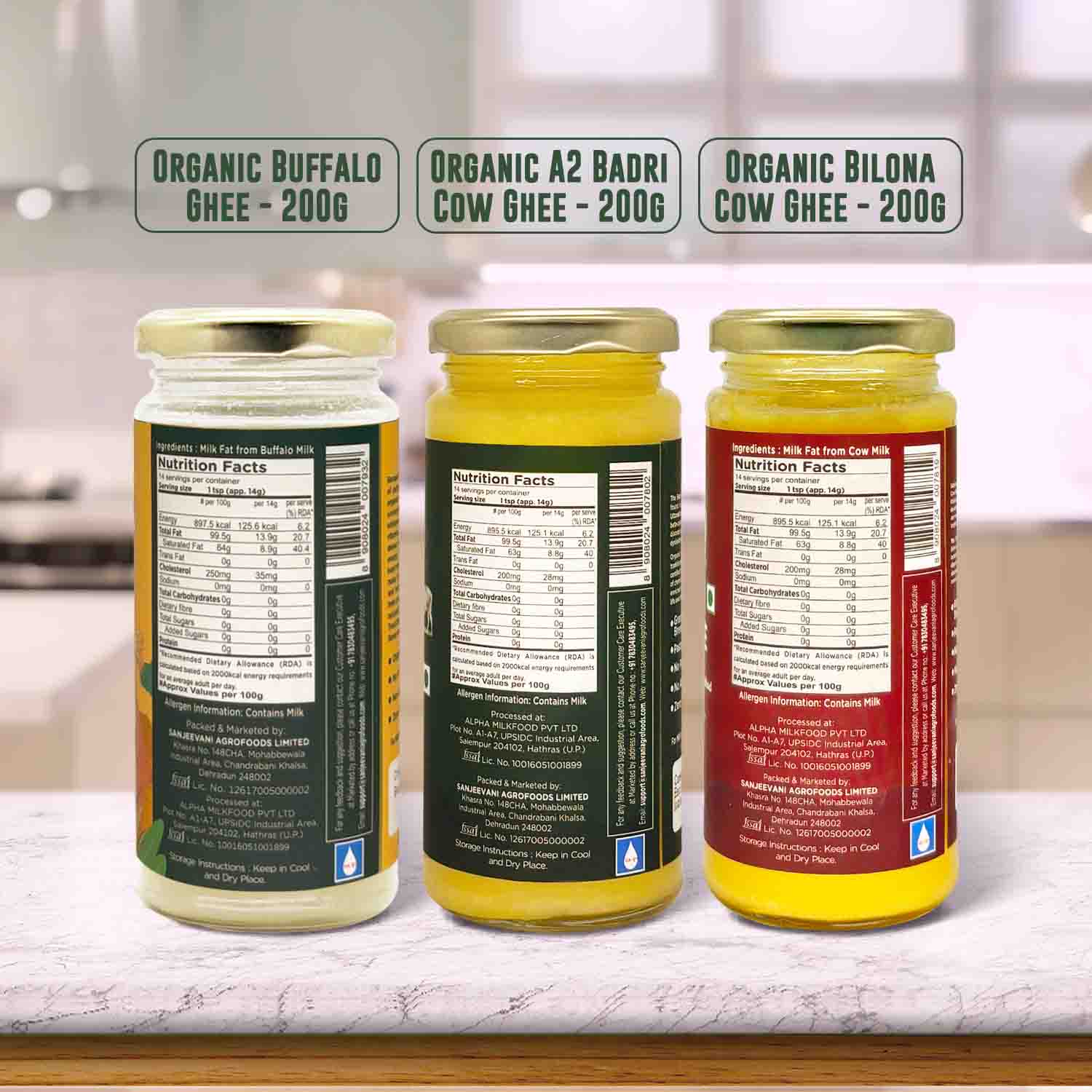 Barsana Magic and Three jars of organic ghee with labels on a kitchen counter.