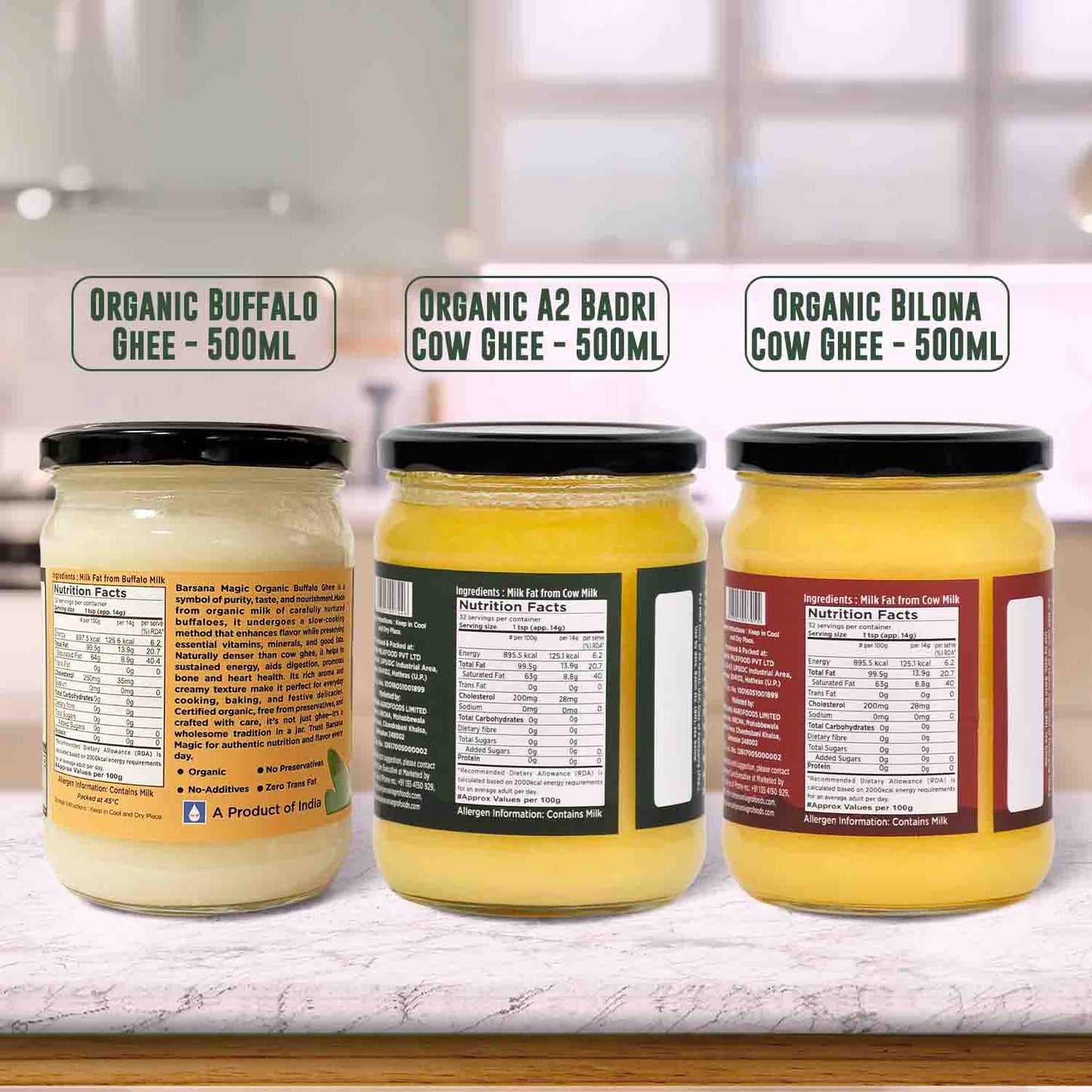 Barsana Magic and Three jars of organic ghee with labels on a kitchen counter.