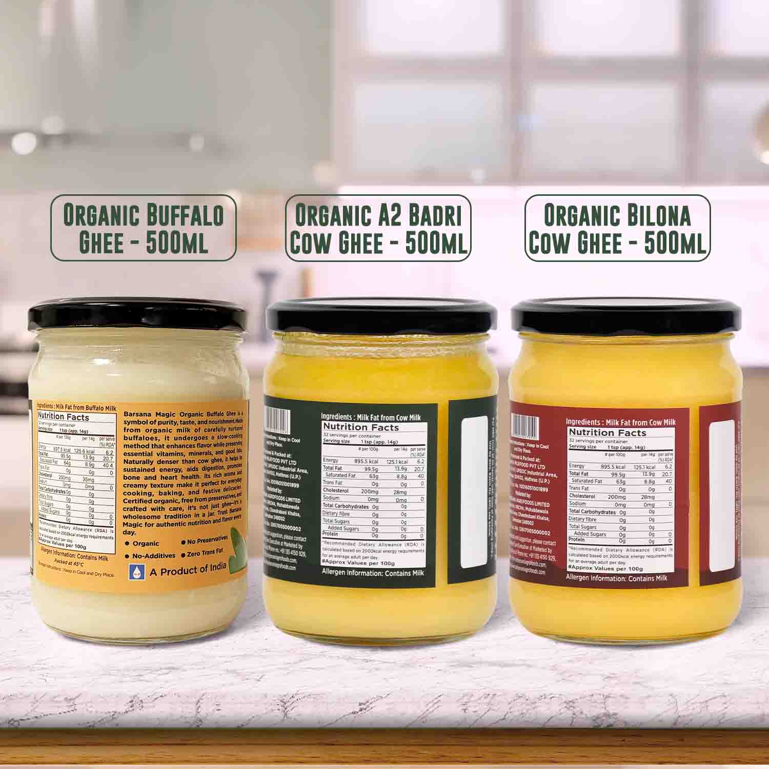 Barsana Magic and Three jars of organic ghee with labels on a kitchen counter.