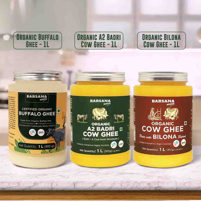 Barsana Magic and Three jars of Barsana Organic Ghee on a white surface with a blurred background