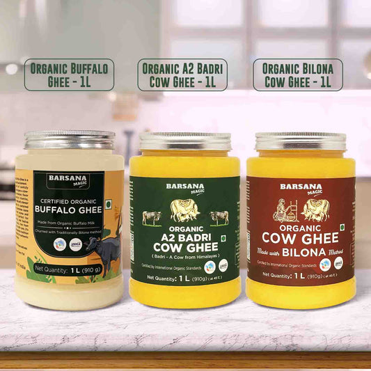 Barsana Magic and Three jars of Barsana Organic Ghee on a white surface with a blurred background