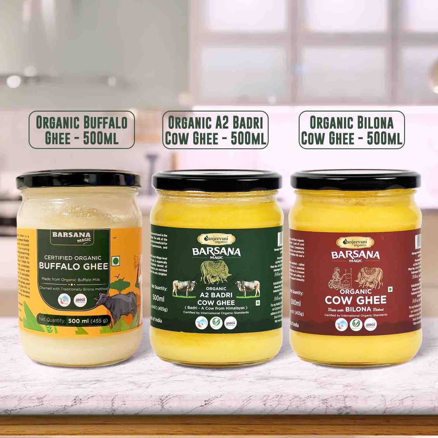 Barsana Magic and Three jars of ghee with labels indicating different types on a kitchen counter.