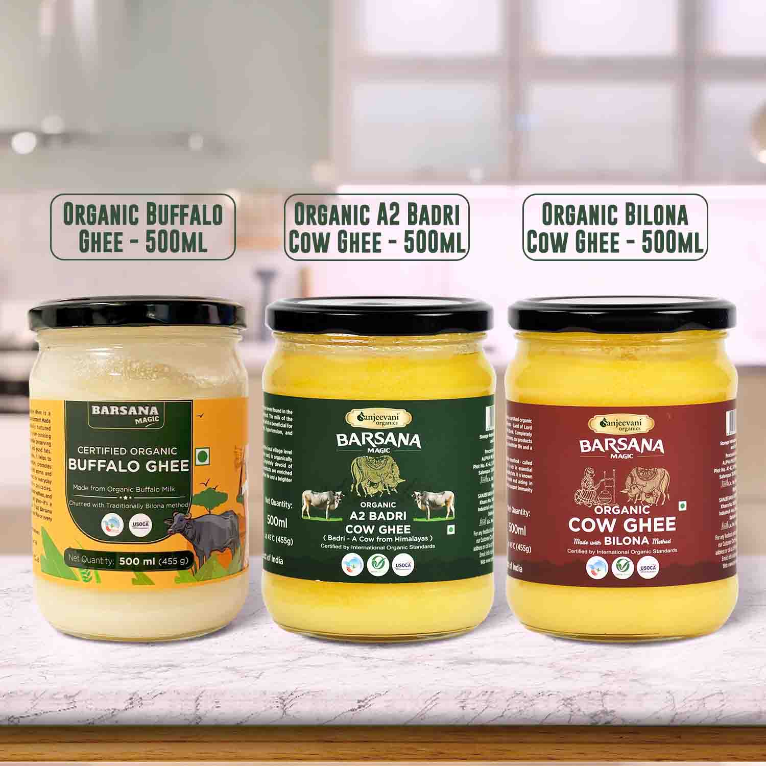 Barsana Magic and Three jars of ghee with labels indicating different types on a kitchen counter.