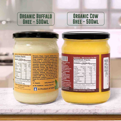 Barsana Magic and Two jars of organic ghee, one labeled 'Organic Buffalo Ghee' and the other 'Organic Cow Ghee', on a kitchen counter.