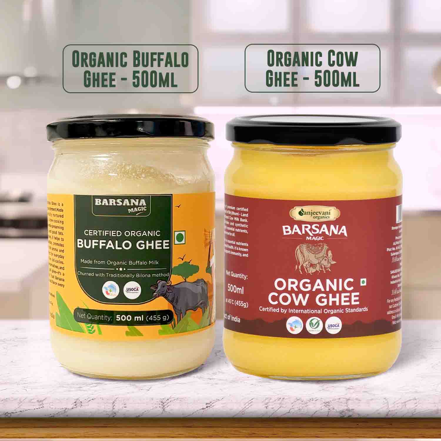 Barsana Magic and Two jars of organic ghee, one labeled 'Buffalo Ghee' and the other 'Cow Ghee', on a kitchen counter.