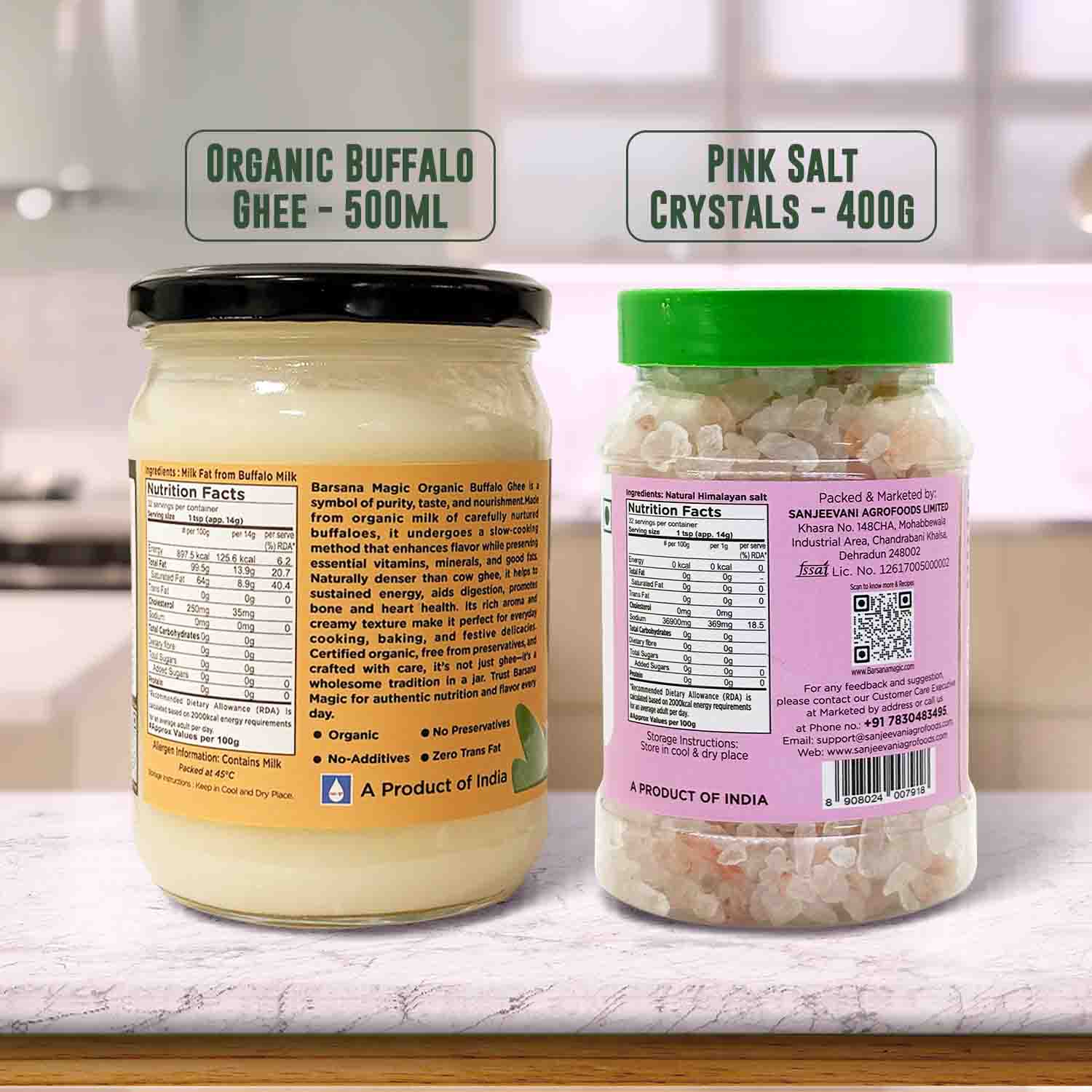 Barsana Magic and Two jars of organic buffalo ghee and pink salt crystals on a kitchen counter.