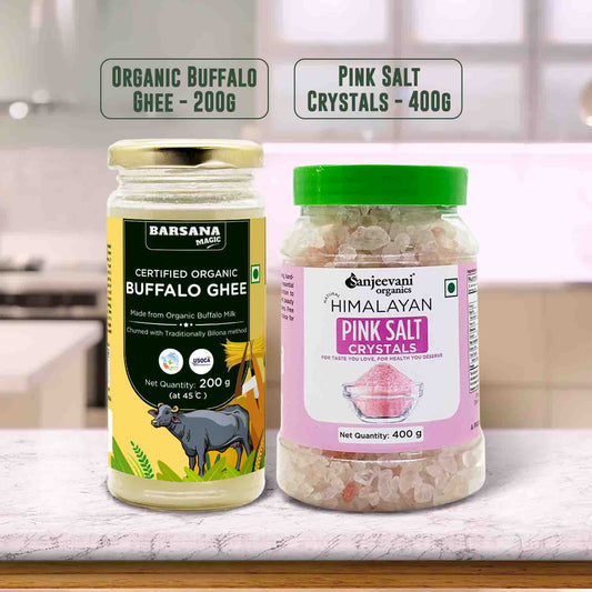 Barsana Magic and Two jars of organic buffalo ghee and pink salt crystals on a kitchen counter.