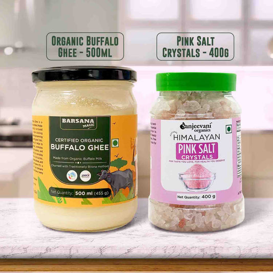 Barsana Magic and Two jars of organic buffalo ghee and pink salt crystals on a kitchen counter.