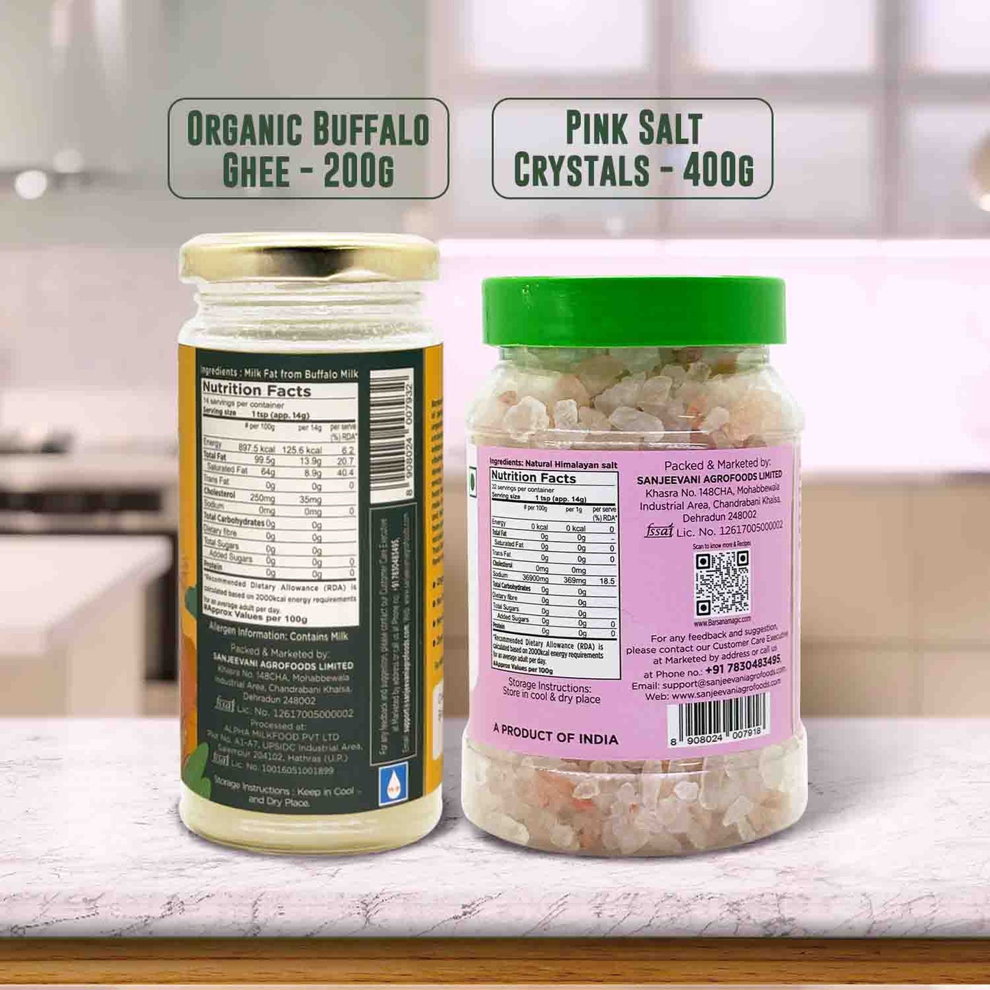 Barsana Magic and Two jars labeled 'Organic Buffalo Ghee' and 'Pink Salt Crystals' on a kitchen counter.