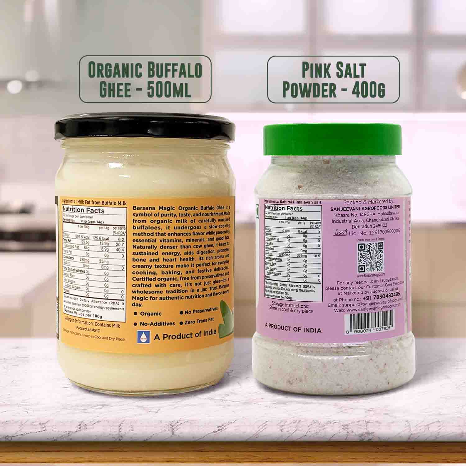 Barsana Magic and Two jars labeled 'Organic Buffalo Ghee' and 'Pink Salt Powder' on a kitchen counter.