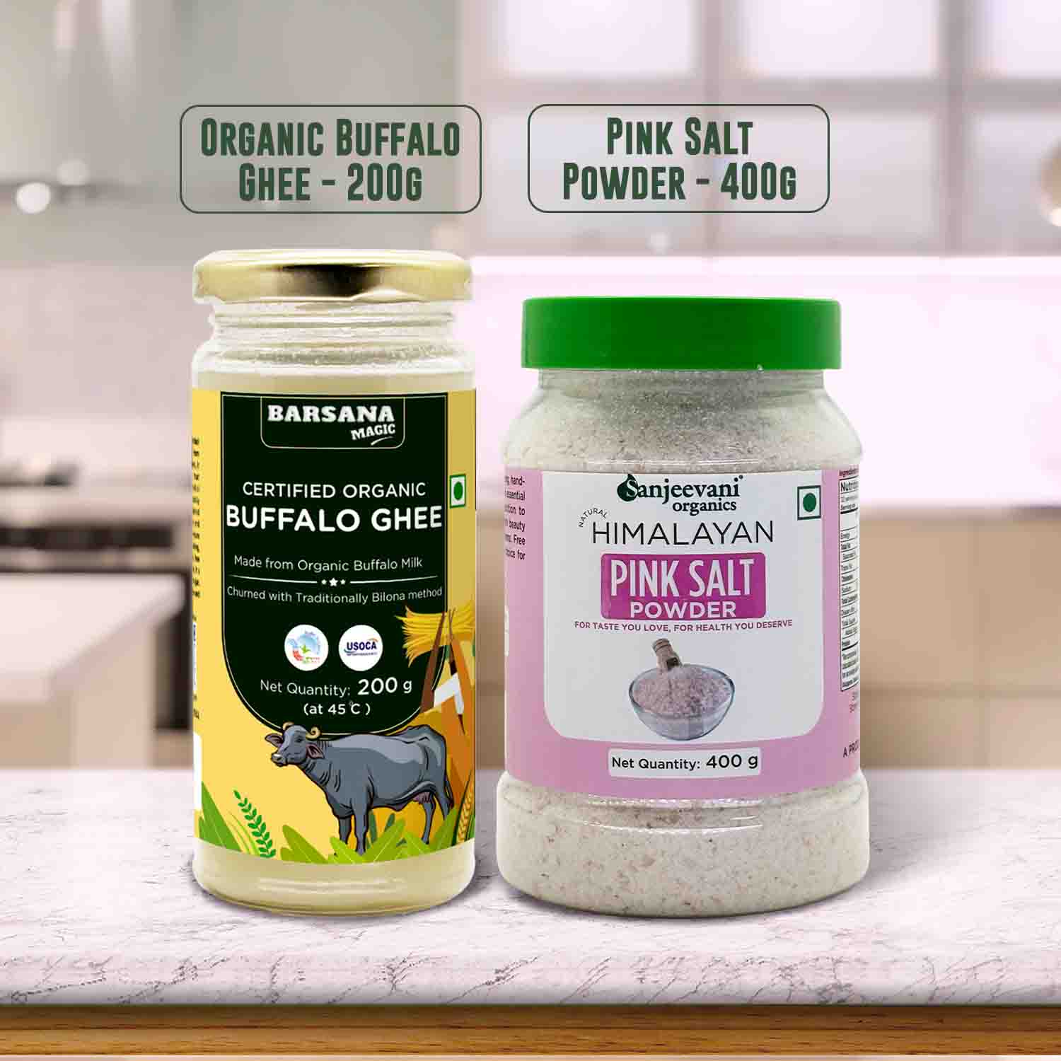 Barsana Magic and Two containers of organic buffalo ghee and pink salt powder on a kitchen counter.