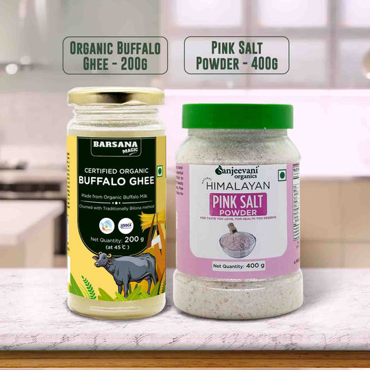 Barsana Magic and Two containers of organic buffalo ghee and pink salt powder on a kitchen counter.