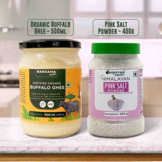Barsana Magic and Two jars of organic buffalo ghee and pink salt powder on a kitchen counter.