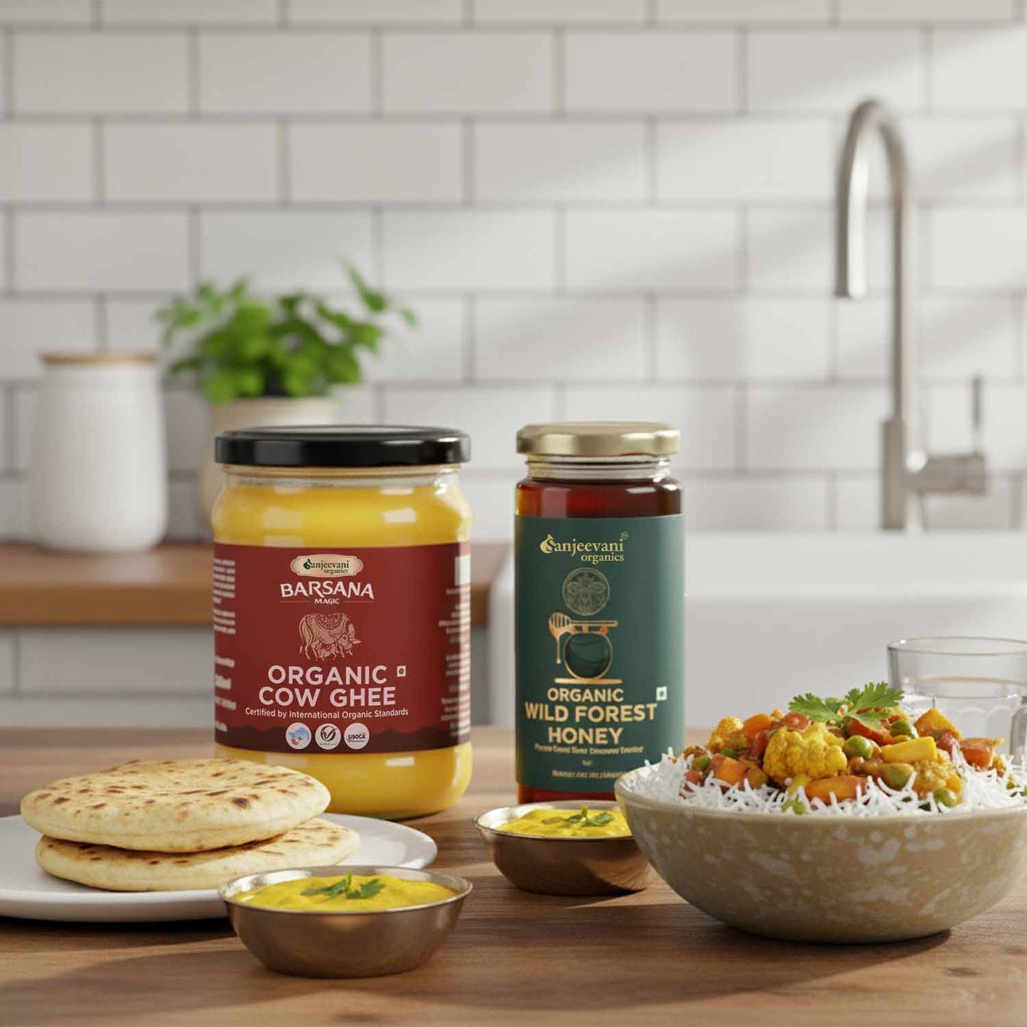 Barsana Magic and Two jars of organic ghee and honey on a kitchen counter with food items.
