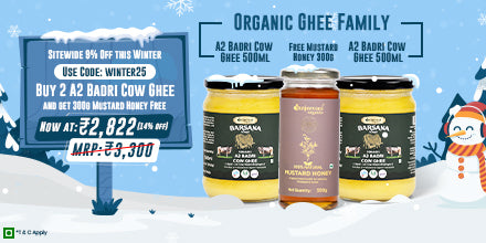 Barsana Magic A promotional banner for a Winter Sale offering a pack of 2 A2 Badri Ghee with a free 300ml Mustard Honey, at a 20% discount.
