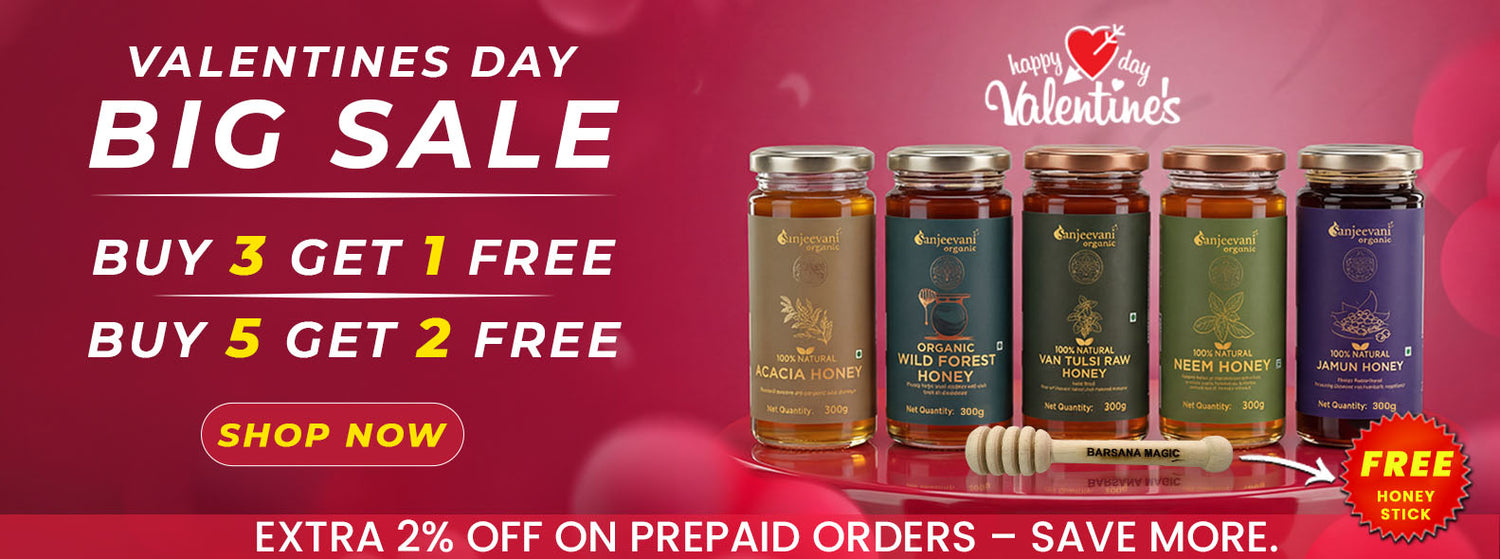 Barsana Magic and Promotional banner for Valentine's Day honey sale with jars and a honey dipper on a red background.