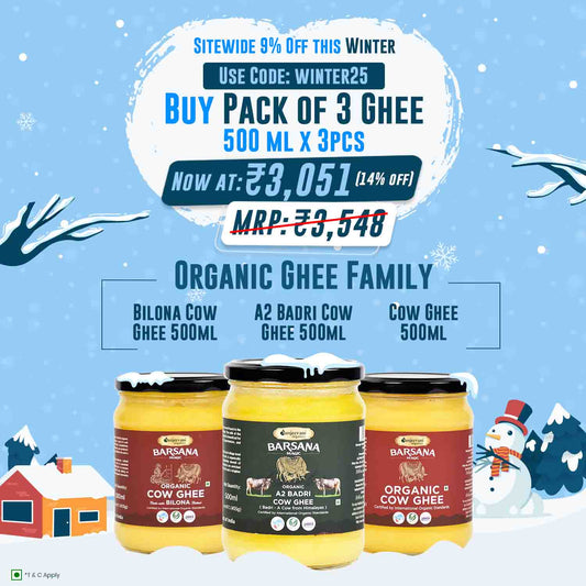 Barsana Magic and Promotional advertisement for Organic Cow Ghee with a winter theme, showing three jars of ghee and promotional text.