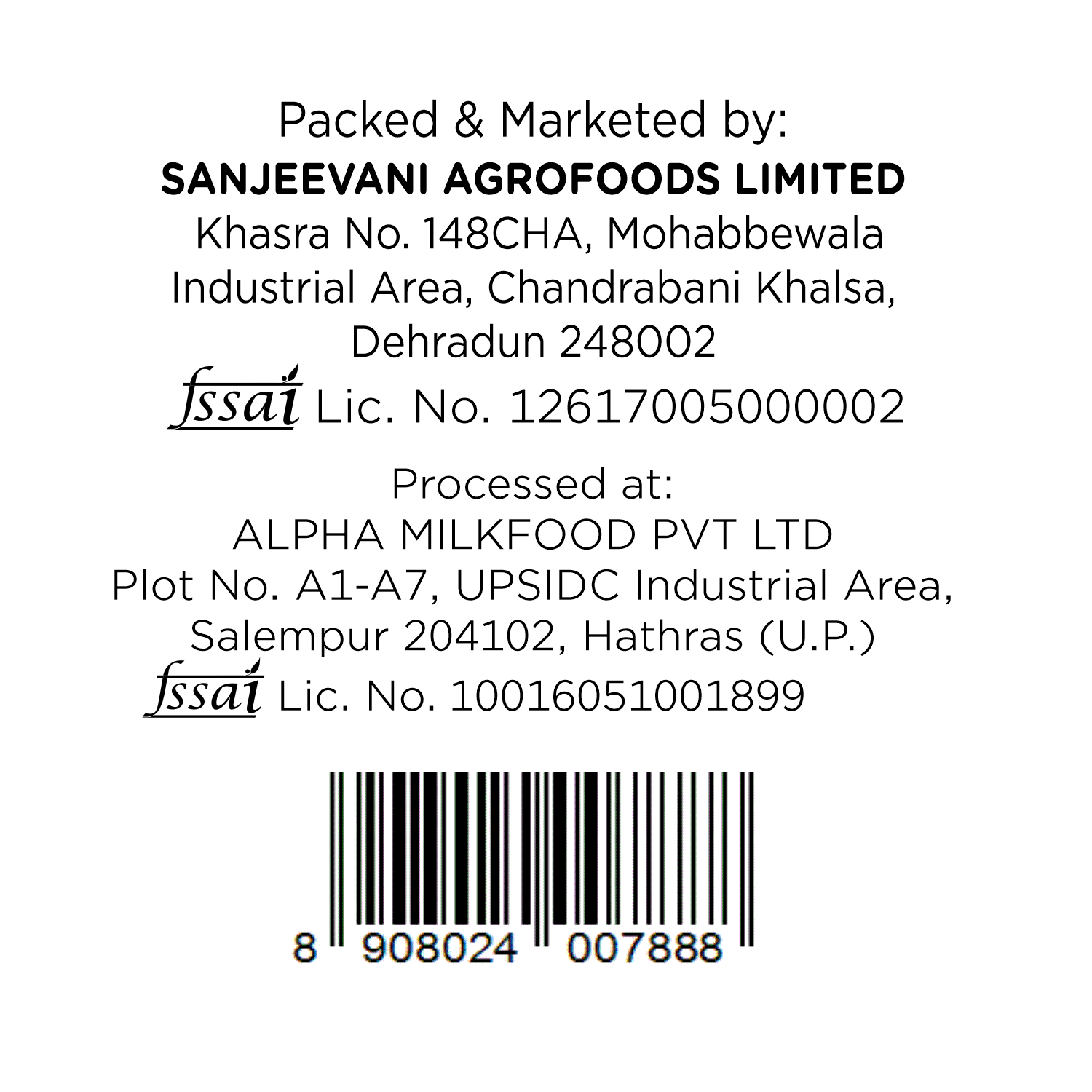 Barsana Magic and  Label with Sanjeevani Agrofoods Limited and Alpha Milkfood Pvt Ltd contact information on a white background