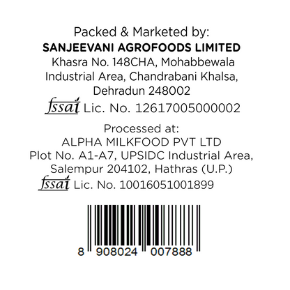 Barsana Magic and  Label with Sanjeevani Agrofoods Limited and Alpha Milkfood Pvt Ltd contact information on a white background