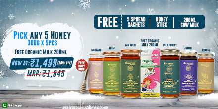 Barsana Magic and A promotional banner  It shows "Buy 5 Jars of Honey" and get 200ml of organic milk free. The original MRP is ₹1,845, now available at ₹1,499 with a 19% discount.