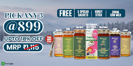 Barsana Magic and Promotional banner for Winter Sale with honey jars at 899 offer on a green background.