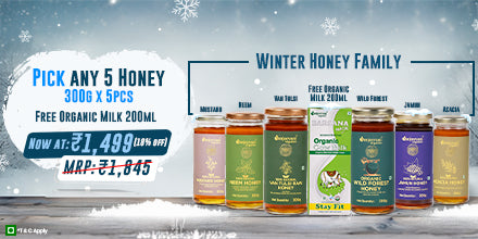 Barsana Magic and A promotional banner  It shows "Buy 5 Jars of Honey" and get 200ml of organic milk free. The original MRP is ₹1,845, now available at ₹1,499 with a 19% discount.