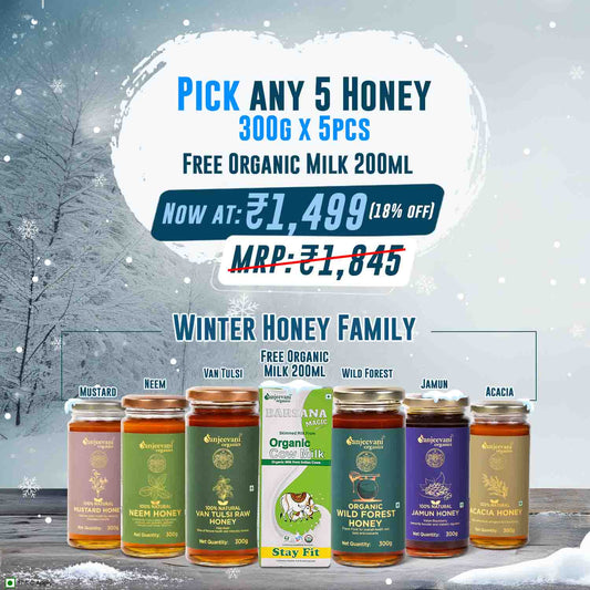 Barsana Magic and Promotional offer for honey products with a snowy background