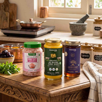 Organic A2 Badri Cow Ghee 200G x 1pc + Pink Salt Crystals 400G x 1pc + Natural Jamun Honey 300G x 1pc