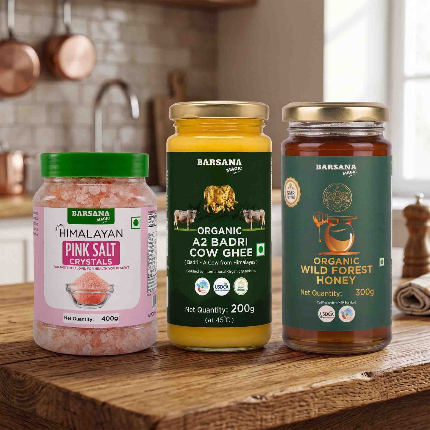 Organic A2 Badri Cow Ghee 200G x 1pc + Pink Salt Crystals 400G x 1pc + Organic Wild Forest Honey 300G x 1pc