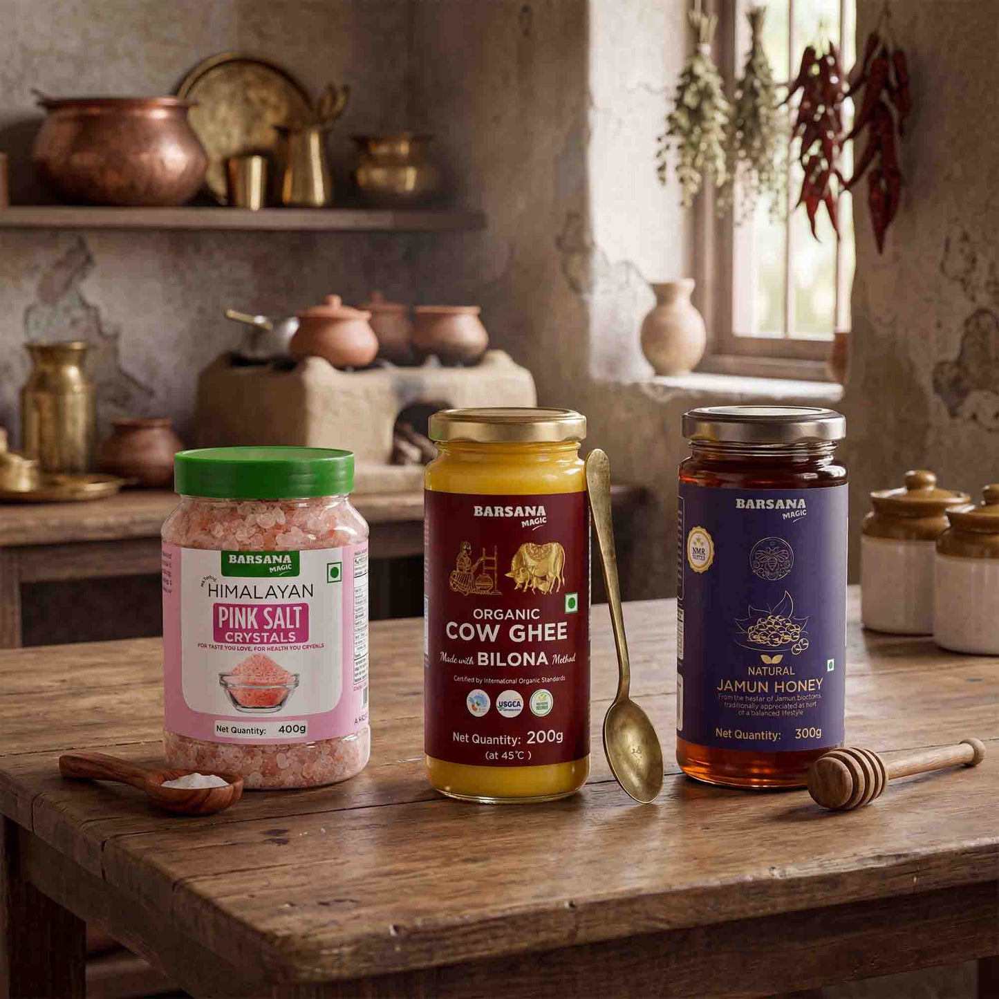 Organic Bilona Cow Ghee 200G x 1pc + Pink Salt Crystals 400G x 1pc + Natural Jamun Honey 300G x 1pc