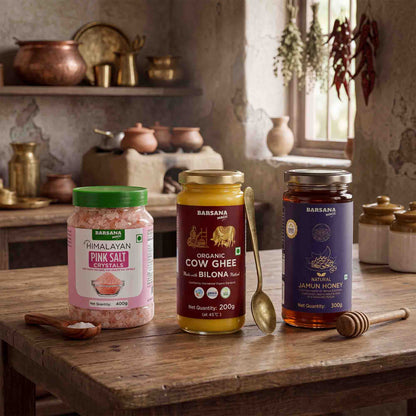 Organic Bilona Cow Ghee 200G x 1pc + Pink Salt Crystals 400G x 1pc + Natural Jamun Honey 300G x 1pc
