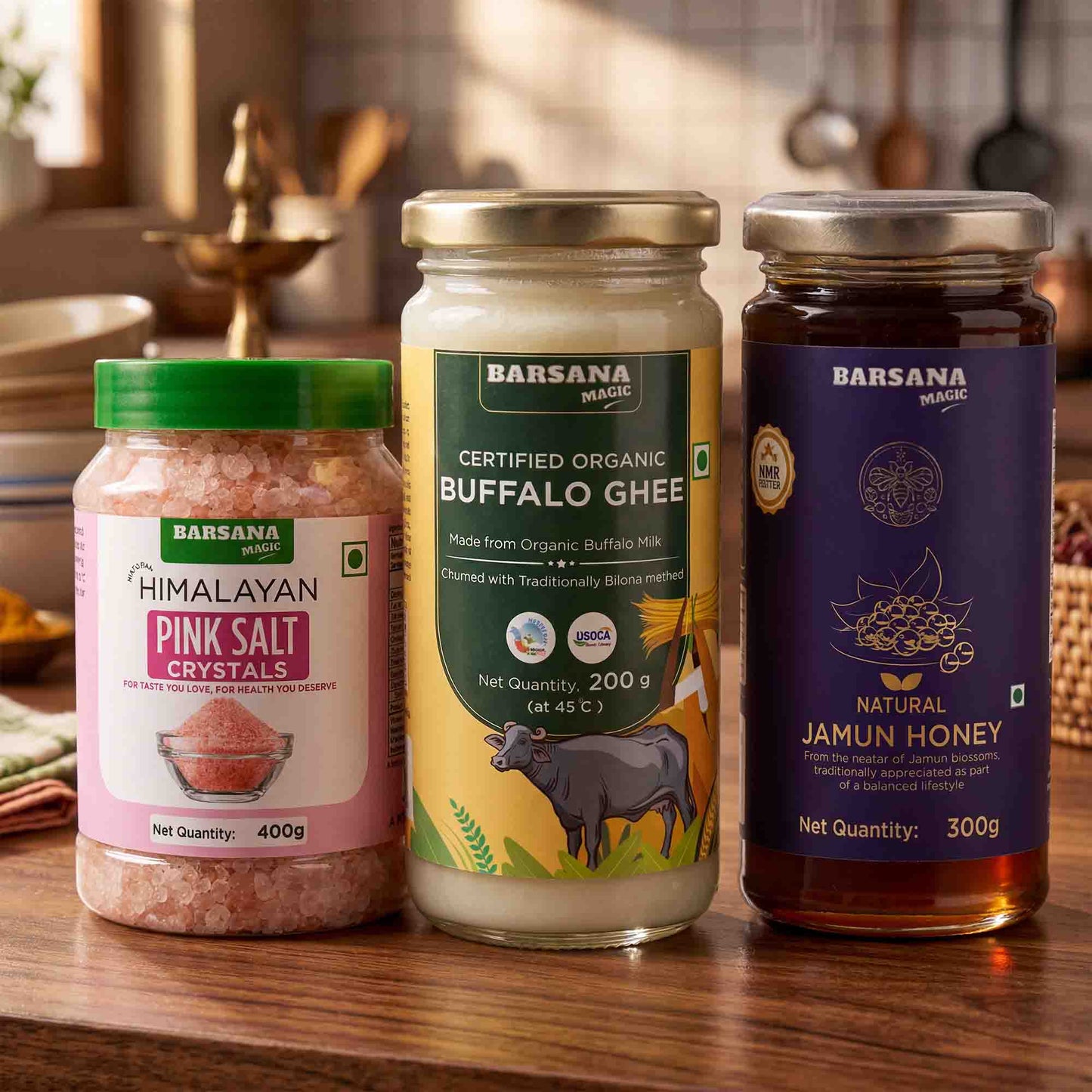 Organic Buffalo Ghee 200G x 1pc + Pink Salt Crystals 400G x 1pc + Natural Jamun Honey 300G x 1pc