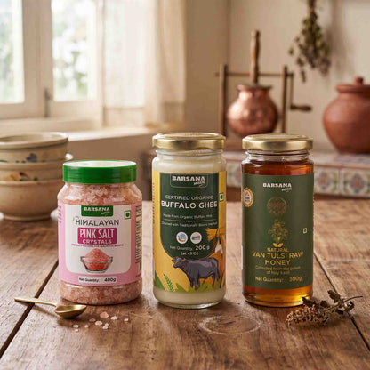 Organic Buffalo Ghee 200g + Pink Salt Crystals 400G x 1pc + Natural Van Tulsi Honey 300G x 1pc