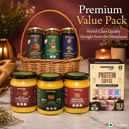 Barsana Magic and Assorted health products including jars and a box on a decorative setting with text highlighting premium quality.