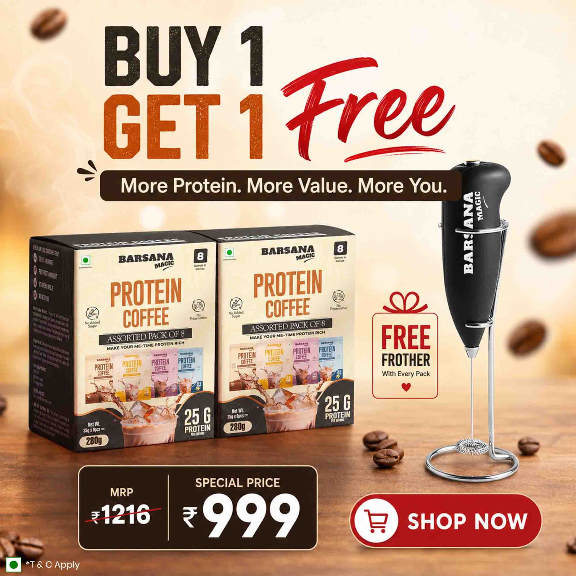 Barsana Magic and Protein Coffee packages with a free Brother mixer and promotional text on a wooden surface.