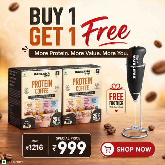 Barsana Magic and Protein Coffee packages with a free Brother mixer and promotional text on a wooden surface.