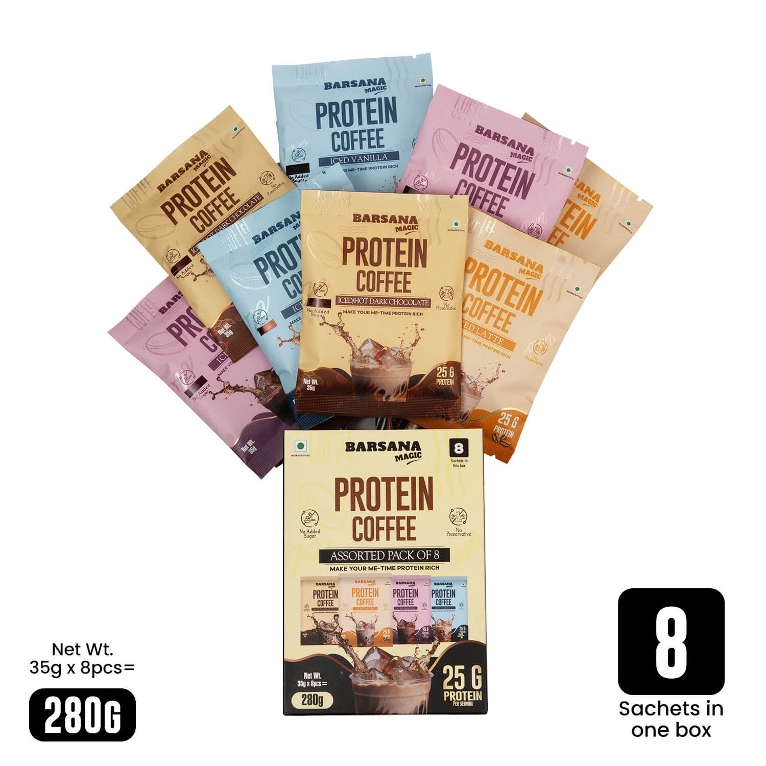 Barsana Magic and Assorted packs of Barsana Protein Coffee on a white background
