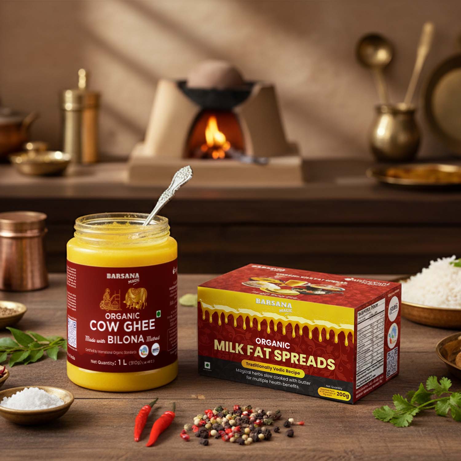 Barsana Magic and Jar of Barsana Organic Cow Ghee with a spoon and packaging on a wooden table with kitchen items in the background.