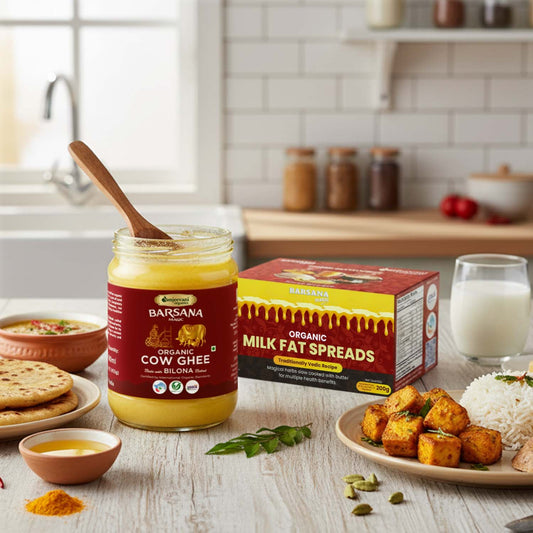 Barsana Magic and Jar of Barsana Organic Cow Ghee and a box of Barsana Organic Milk Fat Spreads on a kitchen counter.