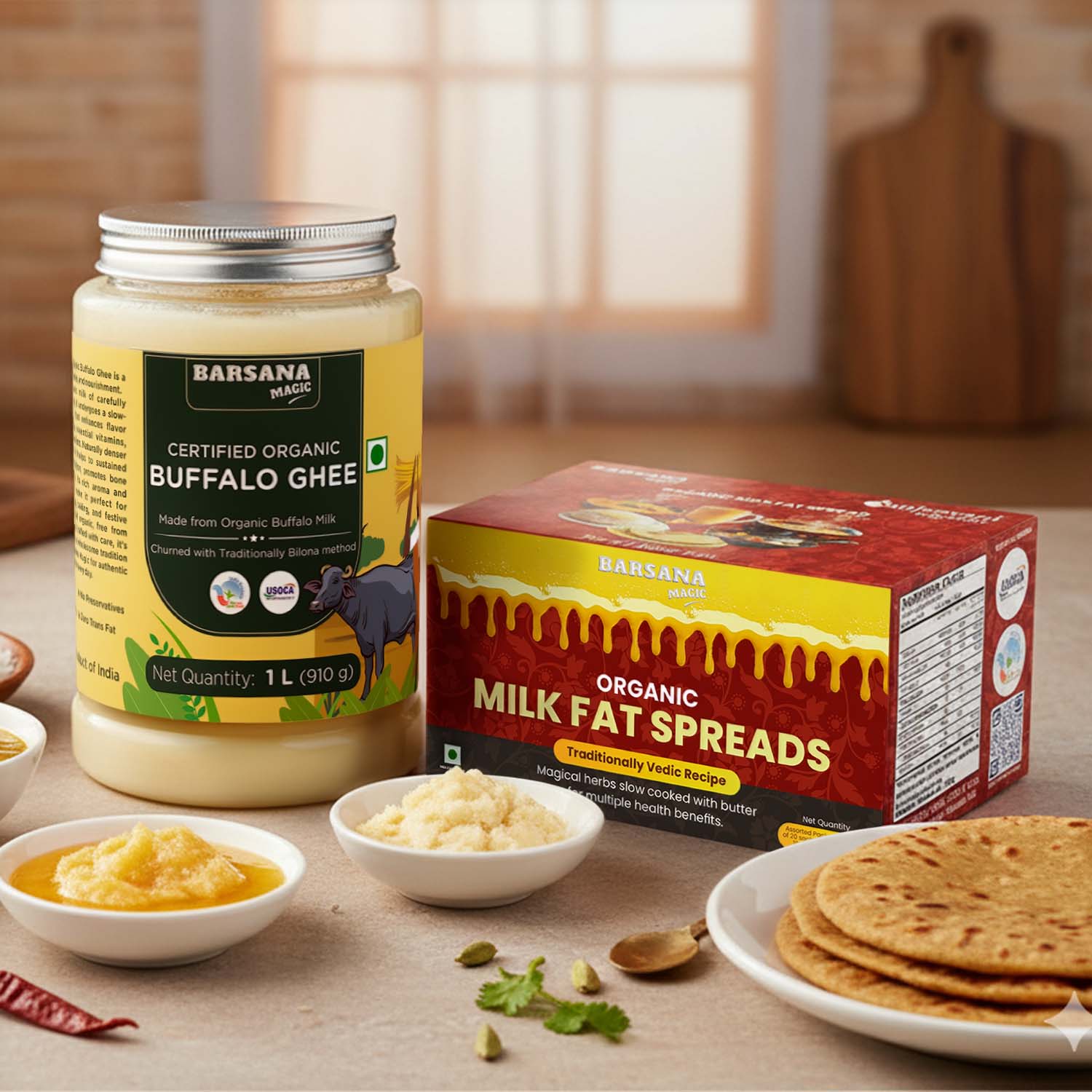Barsana Magic and Organic Buffalo Ghee jar and Milk Fat Spreads box on a table with food items.