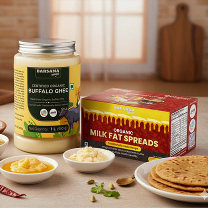 Barsana Magic and Organic Buffalo Ghee jar and Milk Fat Spreads box on a table with food items.